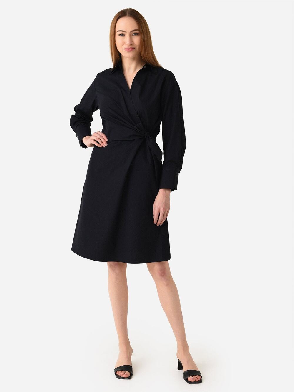 VINCE Wrap Front Long Sleeve Cotton Shirtdress Tie Belt Black Medium